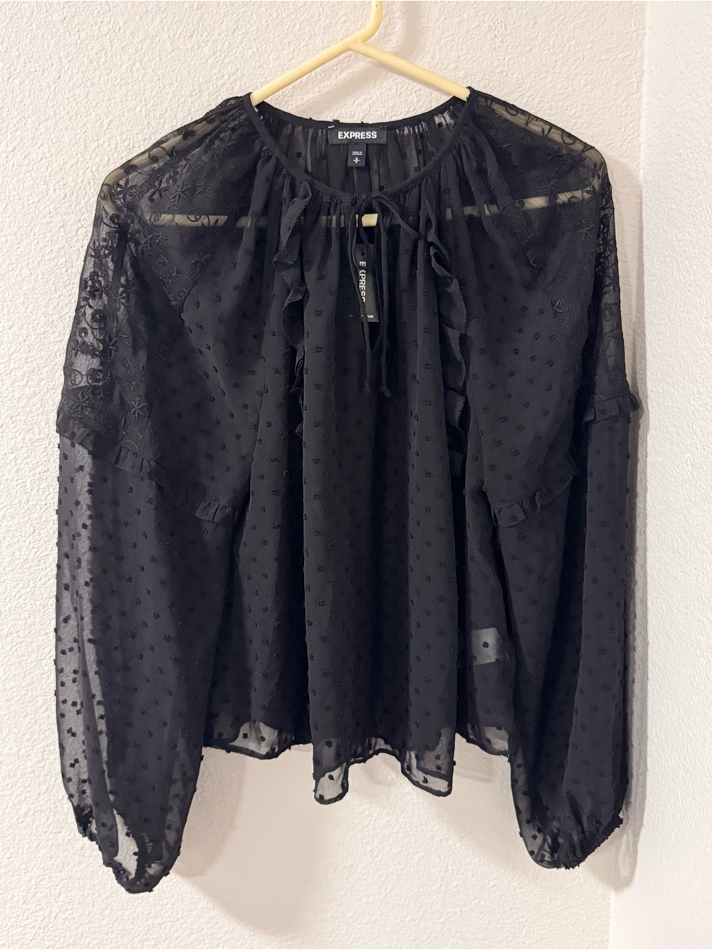Express Black Sheer Ruffle Tie-Neck Blouse